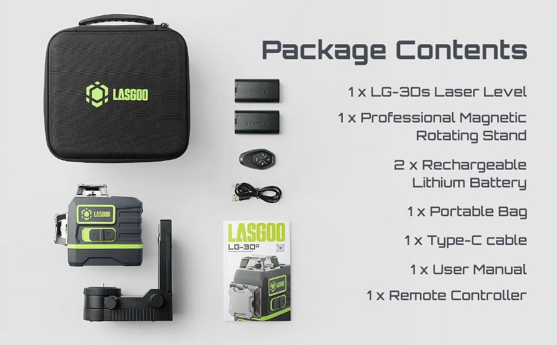 Laser Level 3x360? LASGOO with Remote Control, 2 Rechargeable Batteries, 100FT Range, 360? Magnetic Rotating Stand, IP54, 3Ds