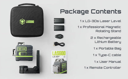 Laser Level 3x360? LASGOO with Remote Control, 2 Rechargeable Batteries, 100FT Range, 360? Magnetic Rotating Stand, IP54, 3Ds