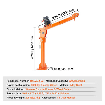 KFFKFF Power-Operated Truck Crane, 2200 lbs, Collapsible Truck-Bed Mounted Crane with 6000 lbs Electric Winch, Steel-Made Truck Jib Crane Hoist with 360° Rotation
