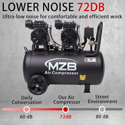 MZB 13 Gallon Ultra Quiet Air Compressor 115PSI Steel Tanks 72dB Noise Level Oil Free Air Compressor Ideal for Tire Inflation Pneumatic Tool Spray Painting