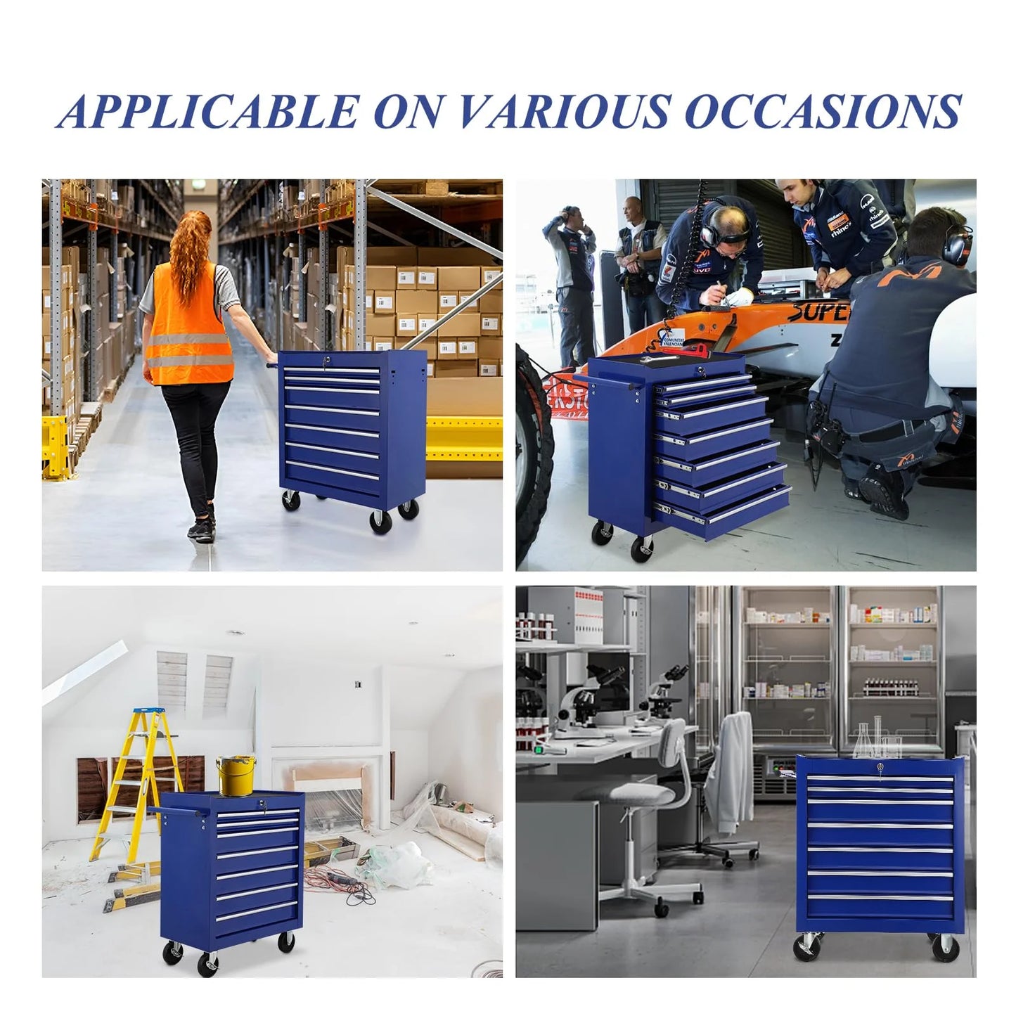 Broadfashion Rolling Tool Box 7 Drawer Tool Chest with Wheels Tool Boxes & Organizers, Alloy Steel Blue, 48.5 Pounds