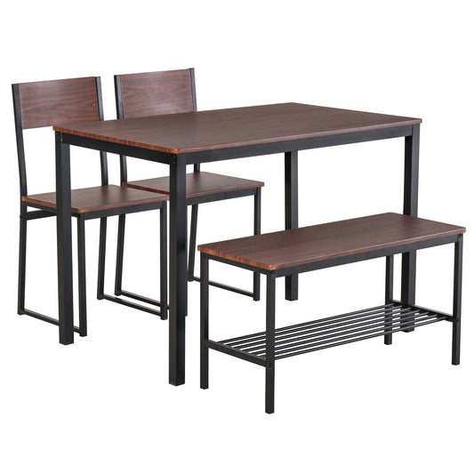 Industrial 4 Piece Dining Room Table Set with Bench Wooden Kitchen Table and Chairs w/Storage Rack