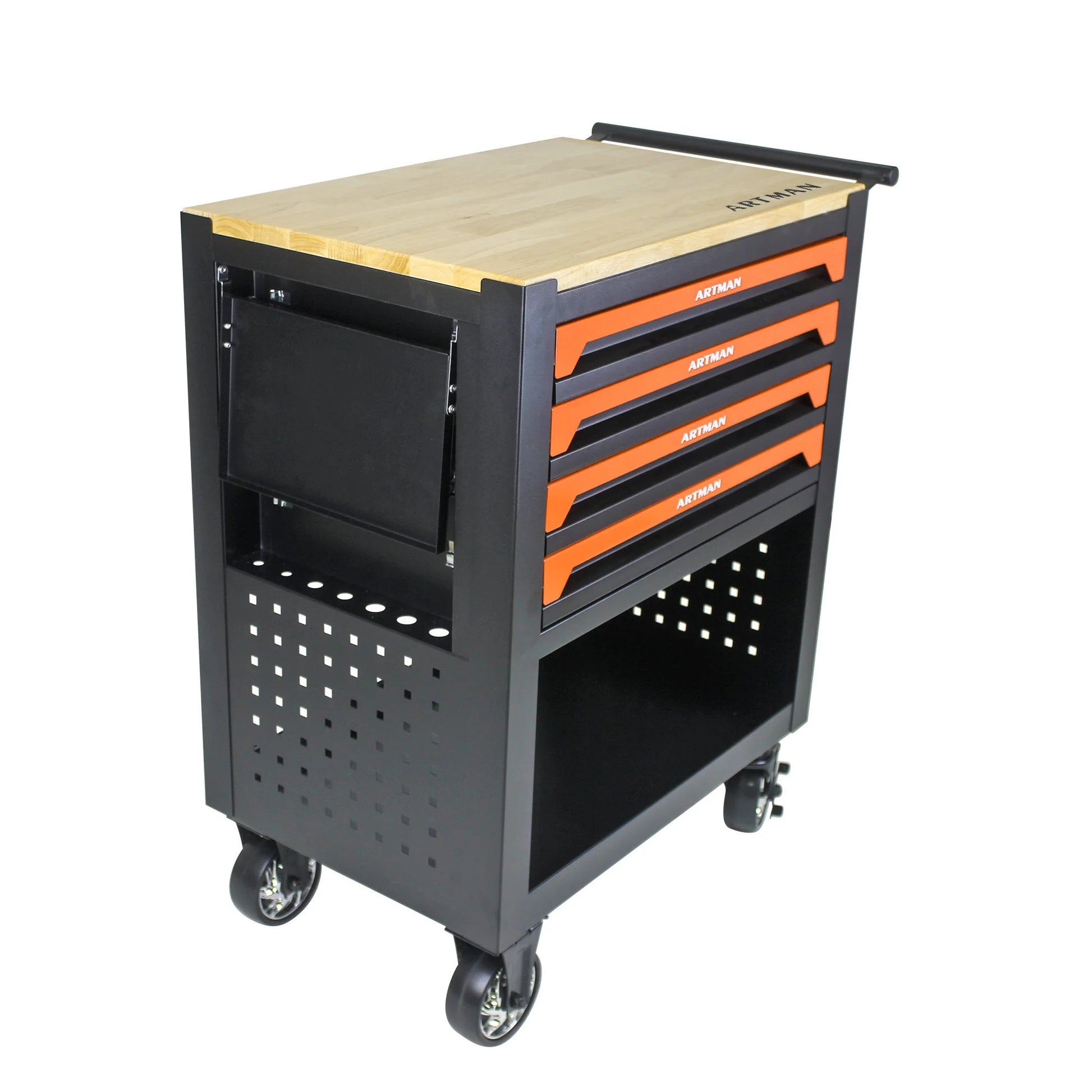 Roromall Rolling Tool Cart with Wooden Top 4 Drawers Foldable Side Panel Multi-Function Tool Chest for Garage Workshop Tool Organizer