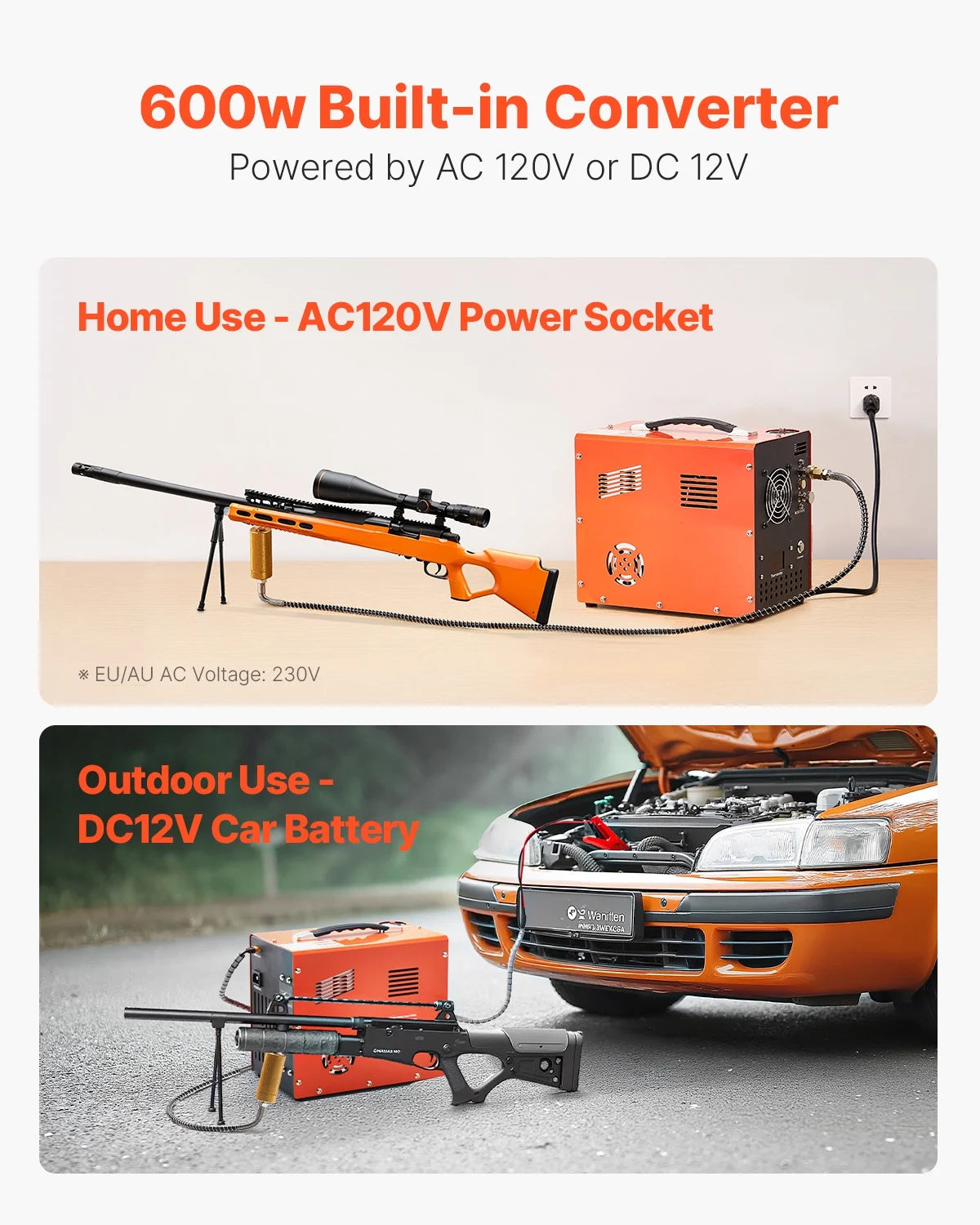 KFFKFF PCP Air Compressor, 4500PSI/30Mpa PCP Airgun Compressor with Integrated Converter & Fan Cooling Mechanism, Automatic Shut-off DC12V/AC120V Compact Paintball Tank Compressor