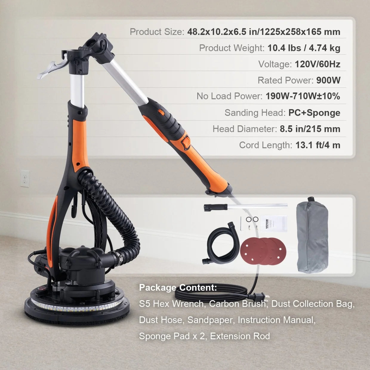 Electric Drywall Sander With Vacuum Dust Collection 900W Motor 800-1800RPM Variable Speed Foldable Handle For Home Renovation And Professional Wall Sanding