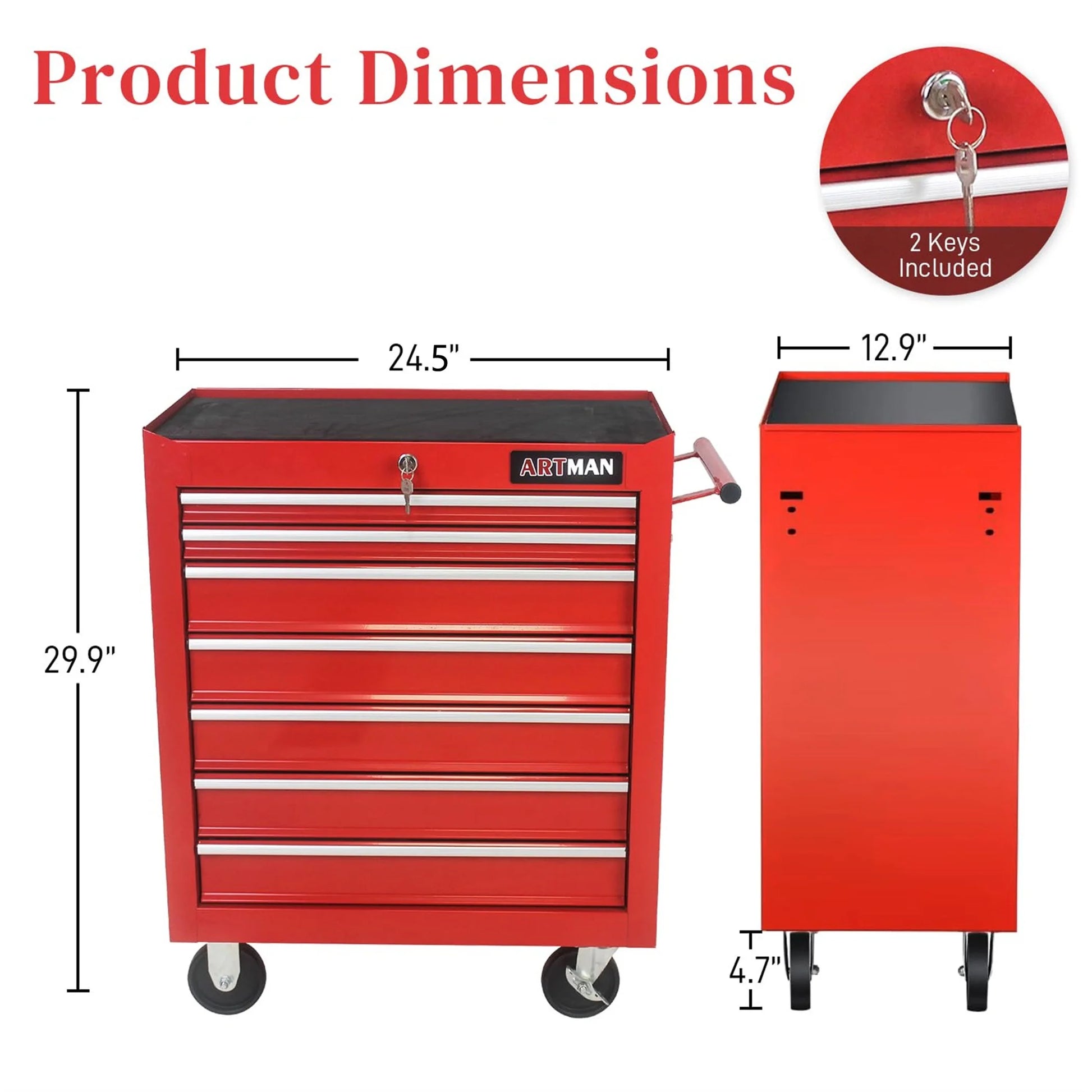 Aukfa Tool Chest, 24.5 in 7-Drawer Steel Rolling Tool Box on Wheels for Workshop Garage, Red