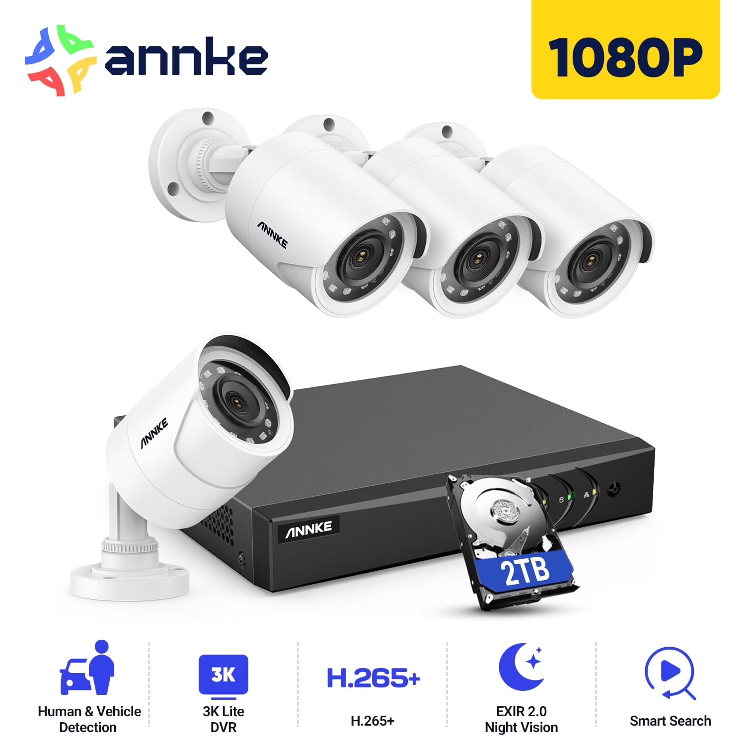 ANNKE 2MP H.265+ Wired Security Camera System, 3K AI 8CH DVR with Human/Vehicle Detection, 4x2MP CCTV Bullet Camera, 100 ft Night Vision, Easy Remote Access, Motion Alert, NO HDD, Surveillance System