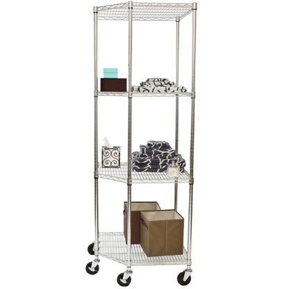 TRINITY EcoStorage 4-Tier Corner Wire Shelving Rack with Wheels, 18' D, NSF, Chrome Color