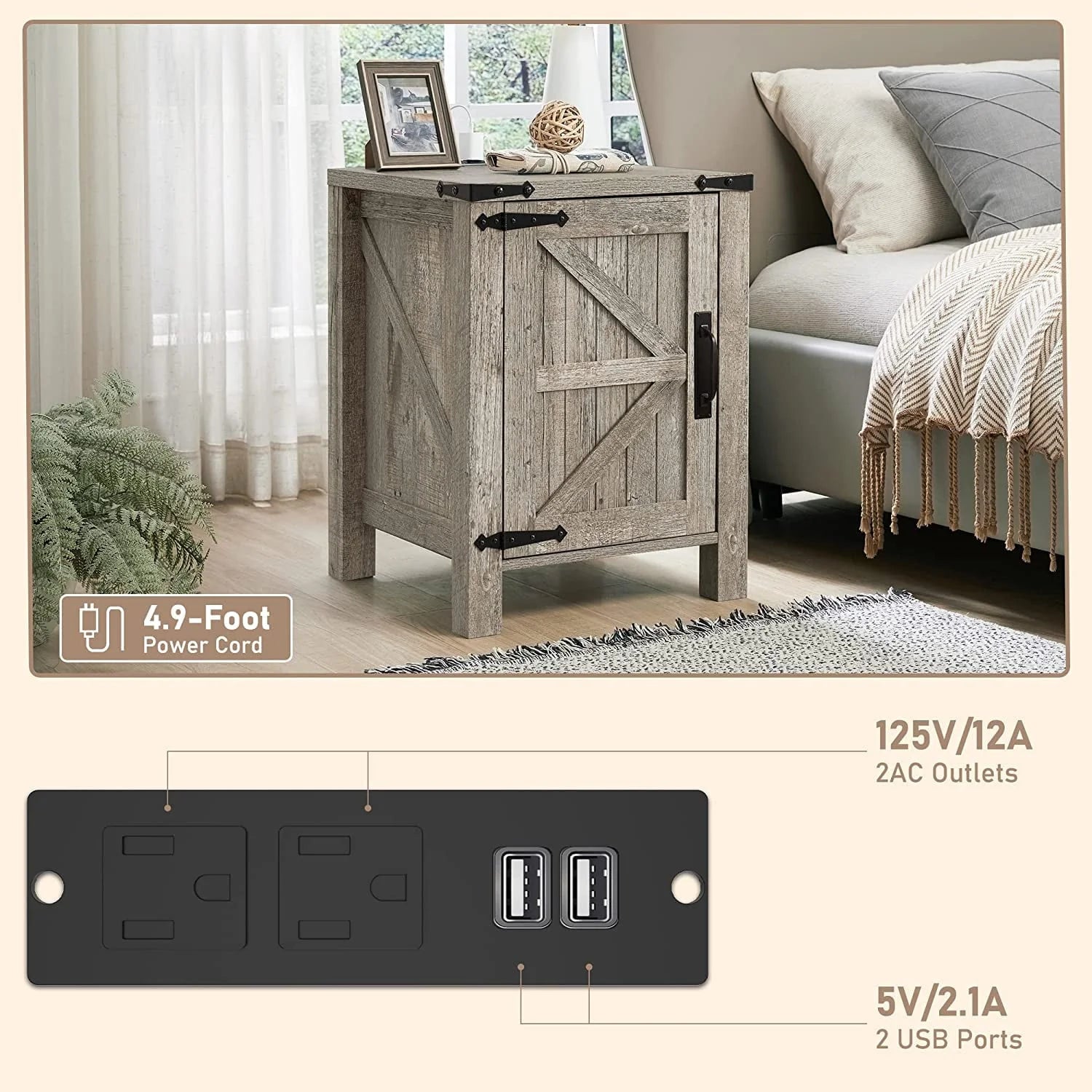 OKD Farmhouse Large Storage Square End Side Tables Wood with Barn Door and Charging Station, Light Rustic Oak