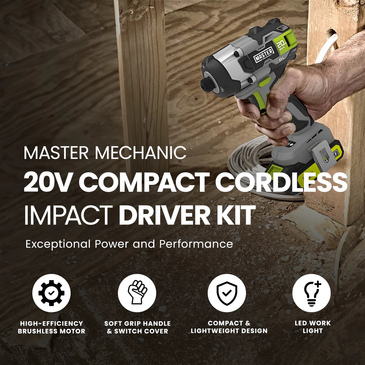 Master Mechanic ML-IS50GD-200 20-Volt Compact Cordless Impact Driver Kit, Brushless Motor, (2) Batteries - Quantity 4