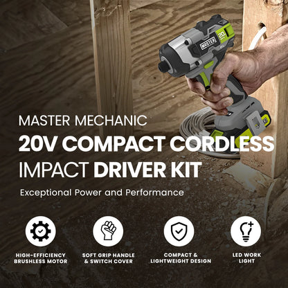 Master Mechanic ML-IS50GD-200 20-Volt Compact Cordless Impact Driver Kit, Brushless Motor, (2) Batteries - Quantity 4