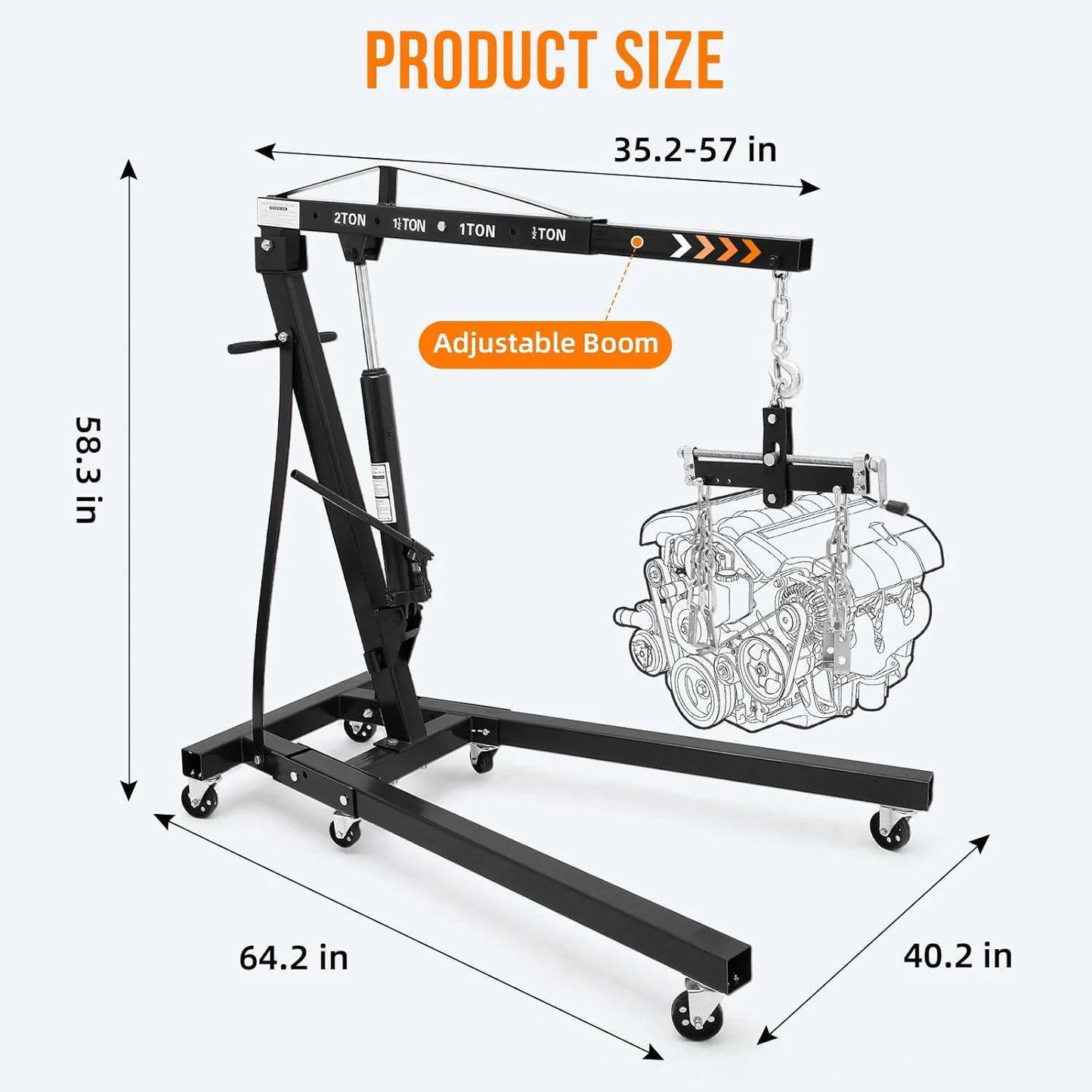 Mescukay 2 Ton Engine Hoist with Lever, 4000 lbs Heavy Duty Folding Cherry Picker Engine Lift Hydraulic Tilting Engine Shop Crane with 6 Iron Caster Wheels Telescopic Boom Hitch