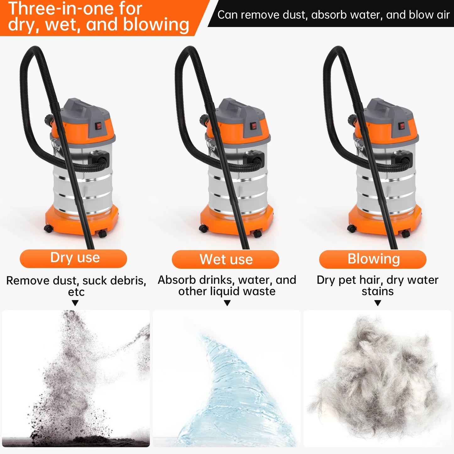 TOPTENG Wet Dry Vacuum Cleaner, 10 Gallon 3200w 8 Peak Stainless Steel Shop Vacuum Wet and Dry, with Filter and Attachments for House Garage Workshop Car