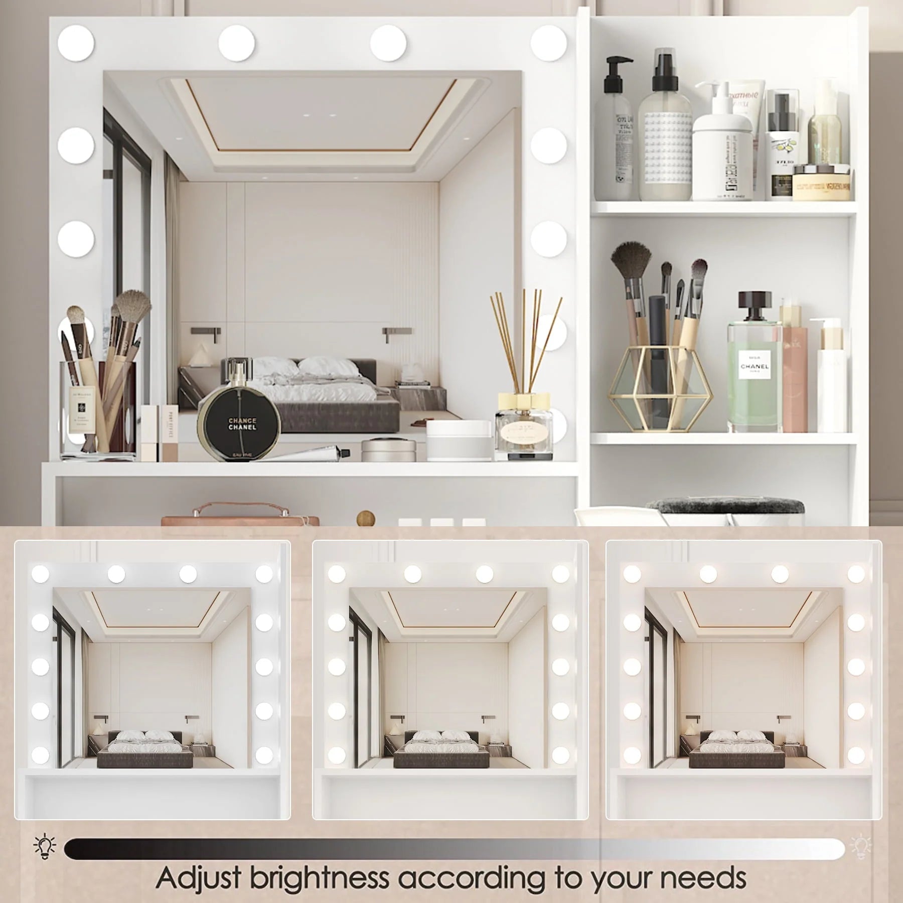 Palimder Vanity Desk, Large Drawer & 3 Level Storage Dresser, Bedroom Dressing Table White