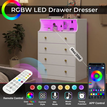 EPHEX 4 Drawers Dresser for Bedroom with Charging Station, Chest of Drawers with Open Space, Large Capacity Storage Cabinet, White