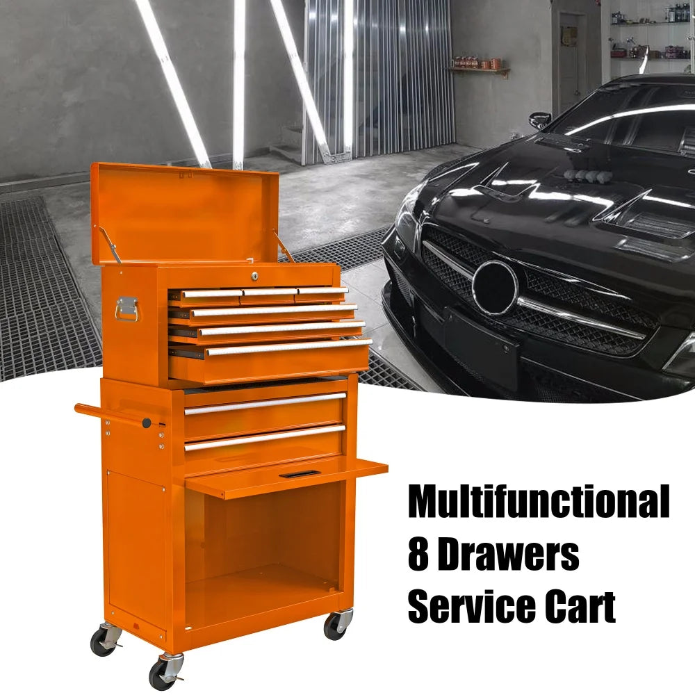 8-Drawer Rolling Tool Chest with Wheels, Removable Tool Box with Locking System, Tool Box Organizer with Hooks, Large Capacity Garage Storage Cabinet for Warehouse, Garage, Repair Shop, Orange