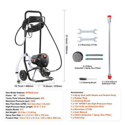 KFFKFF 750W Mobile Airless Paint Sprayer, 3000PSI Electric Sprayer for Efficient Painting, Suitable for Indoor & Outdoor Furniture, Walls, and Fences, Achieves Smooth, Uniform Coverage