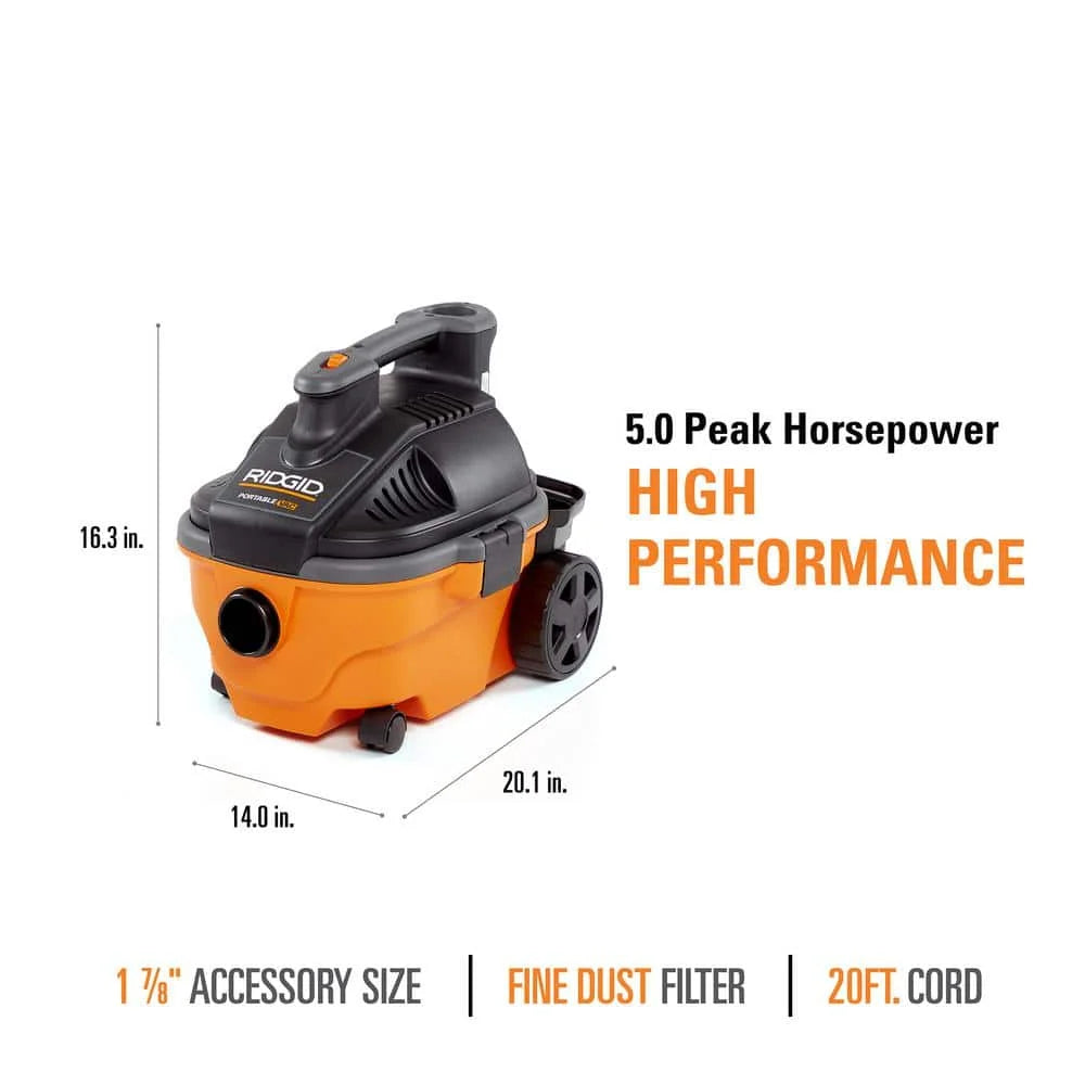4 Gallon 5.0 Peak HP Portable Shop Vacuum Wet Dry Vac with Fine Dust Filter, Locking Hose and Accessory Attachments