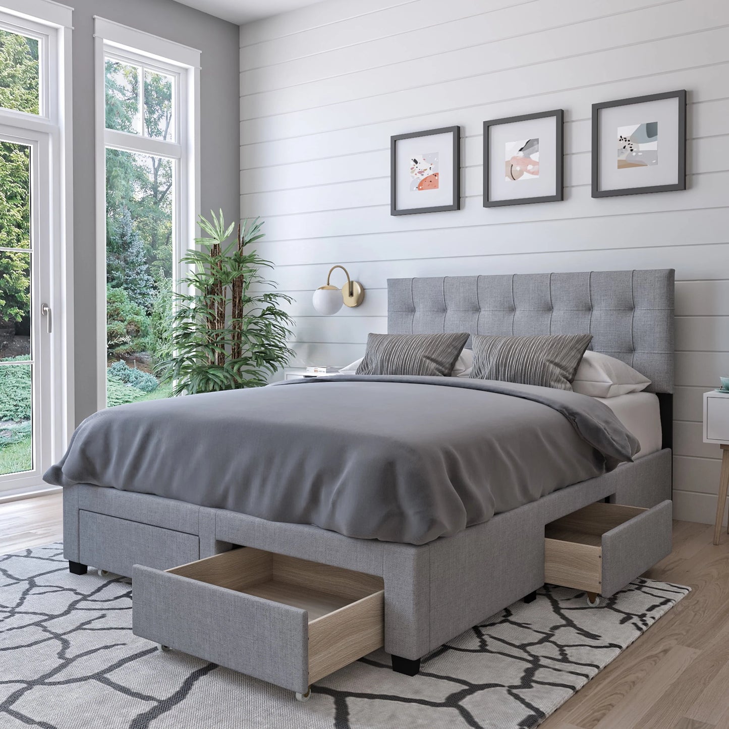 DG Casa Benjamin Upholstered Platform Bed Frame with Storage Drawers Square Tufted Headboard and Full Wooden Slats, Box Spring Not Required - Queen Size in Grey Polyester Blend Fabric