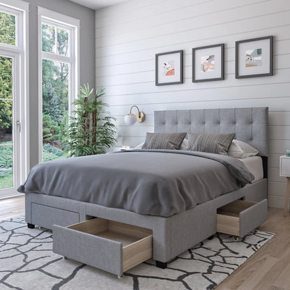 DG Casa Benjamin Upholstered Platform Bed Frame with Storage Drawers Square Tufted Headboard and Full Wooden Slats, Box Spring Not Required - Queen Size in Grey Polyester Blend Fabric