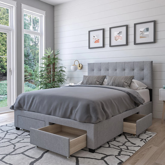 DG Casa Benjamin Upholstered Platform Bed Frame with Storage Drawers Square Tufted Headboard and Full Wooden Slats, Box Spring Not Required - Queen Size in Grey Polyester Blend Fabric