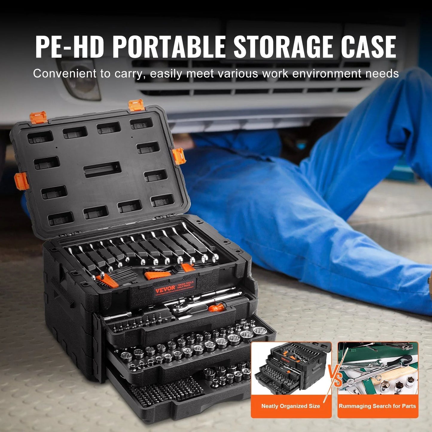 450-Piece Mechanics Tool Set with 1/4", 3/8", 1/2" Drive Sockets - SAE & Metric, Includes Wrenches, Bits, Case