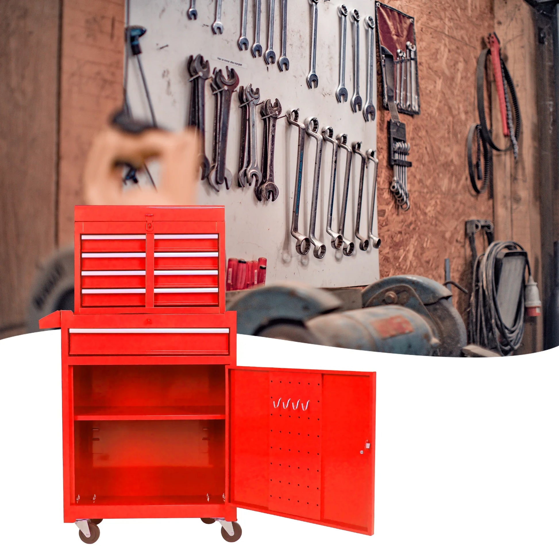 BTMWAY 5-Drawer Rolling Tool Storage Cabinet with Detachable Top Tool Box, Tool Chest with Universal Lockable Wheels, Metal Tool Cart for Garage, Workshop, Barbershop,red