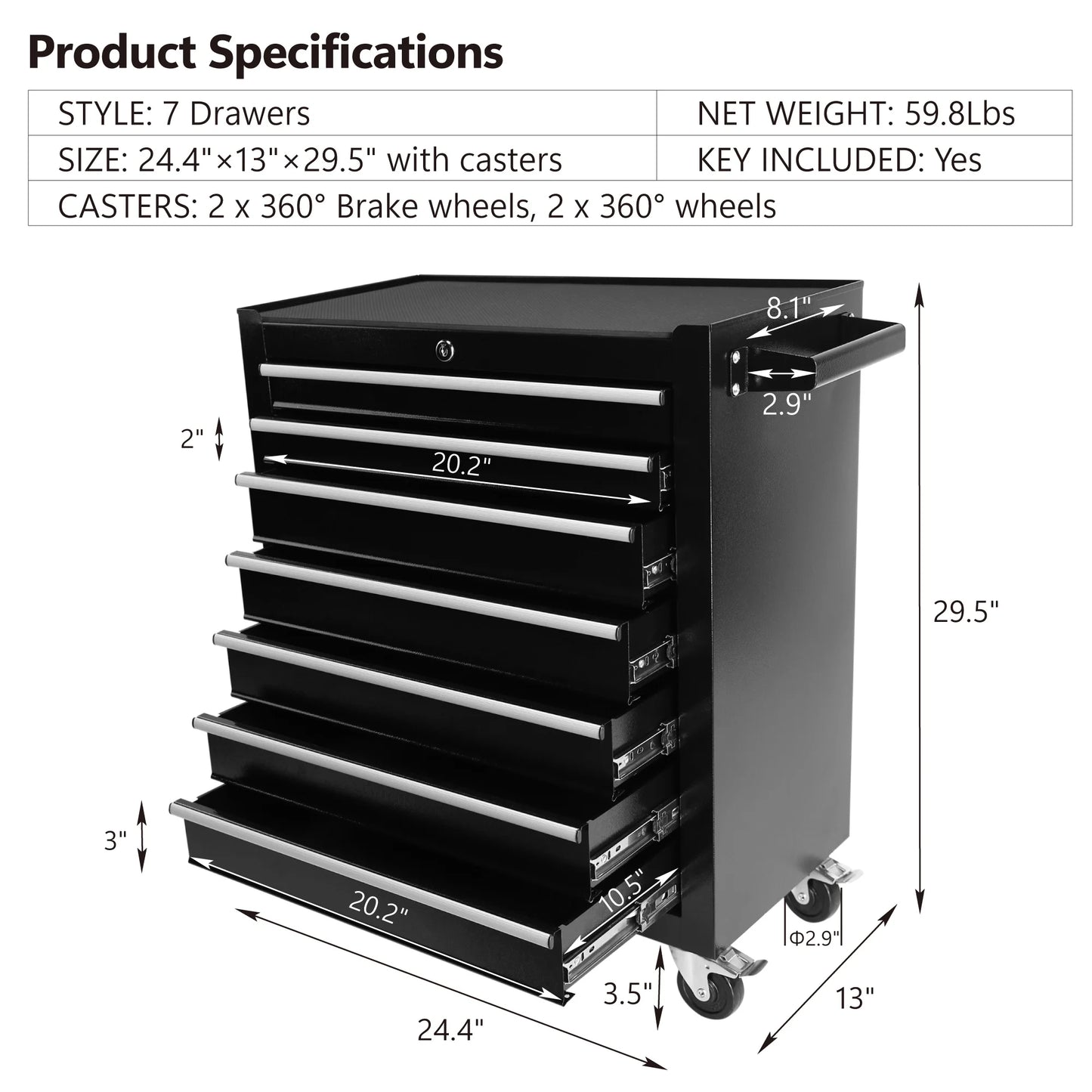 7 Drawer Tool Chest with Wheels,Metal Locking Rolling Tool Box with Tool Organizer Trays for Tool Storage Organizer,Portable Standing Mechanic Toolbox for Garage,30 Inch Tall Tool Cabinet