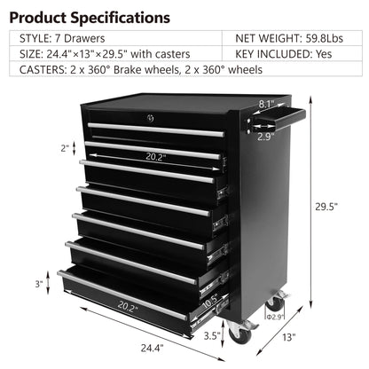 EastVita Tool Chest, 7-Drawer Rolling Tool Storage Cabinet with Liner, Adjustable Shelf, Locking Mechanism, Parking Brakes, Tool Cart Chest for Garage, Workshop, Home