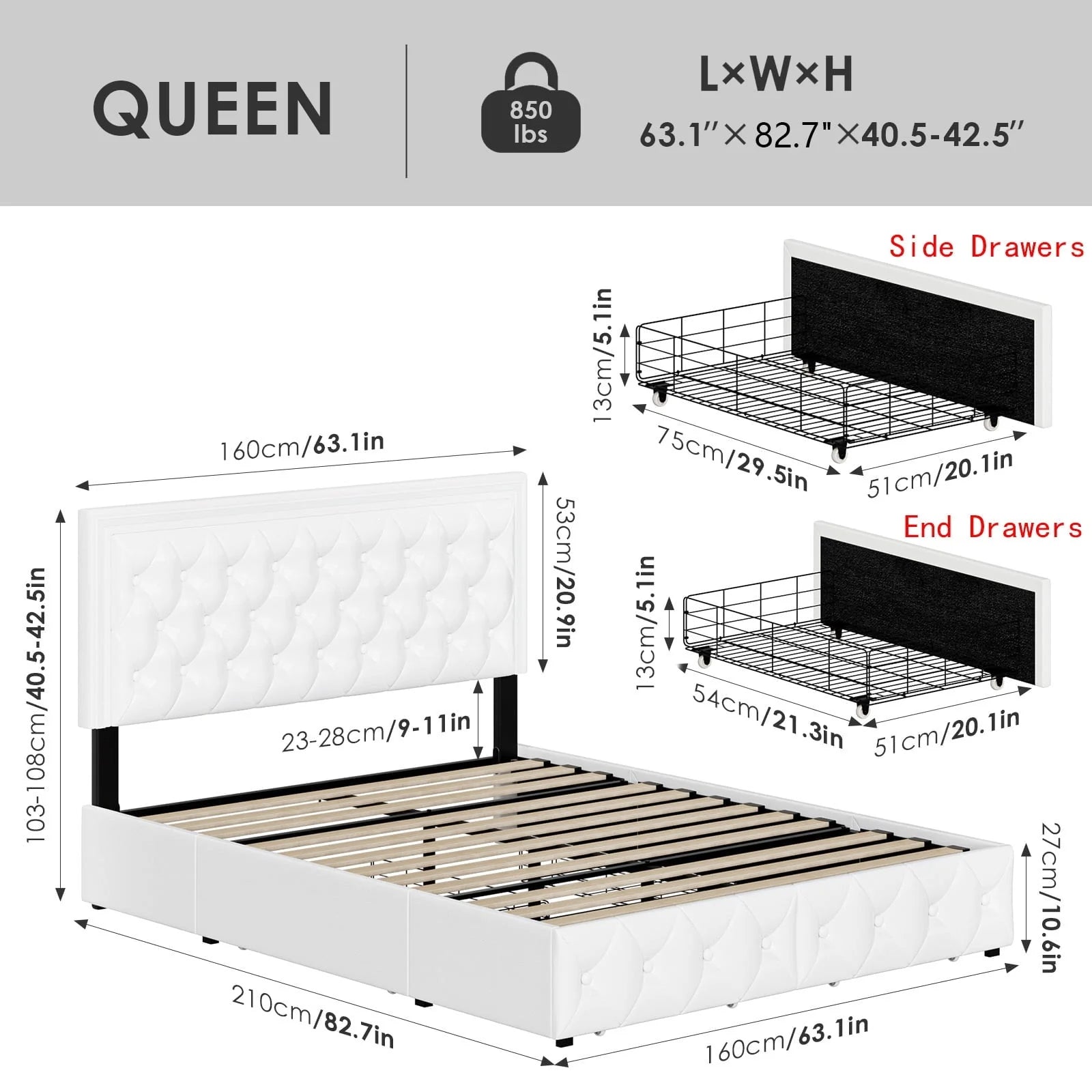 Homfa Queen LED Bed, 9 Colors LED Lights Platform Bed Frame with 4 Storage Drawers, Adjustable Upholstered Headboard with Button Tufted, PU White