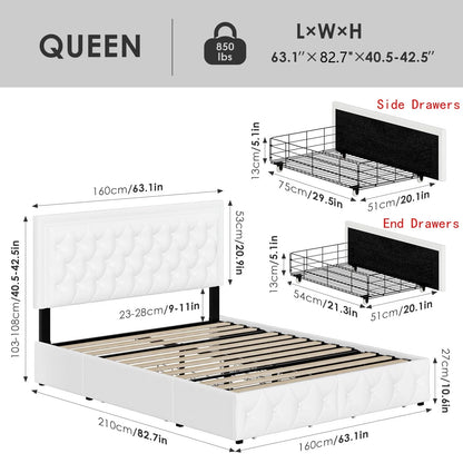 Homfa Queen LED Bed, 9 Colors LED Lights Platform Bed Frame with 4 Storage Drawers, Adjustable Upholstered Headboard with Button Tufted, PU White