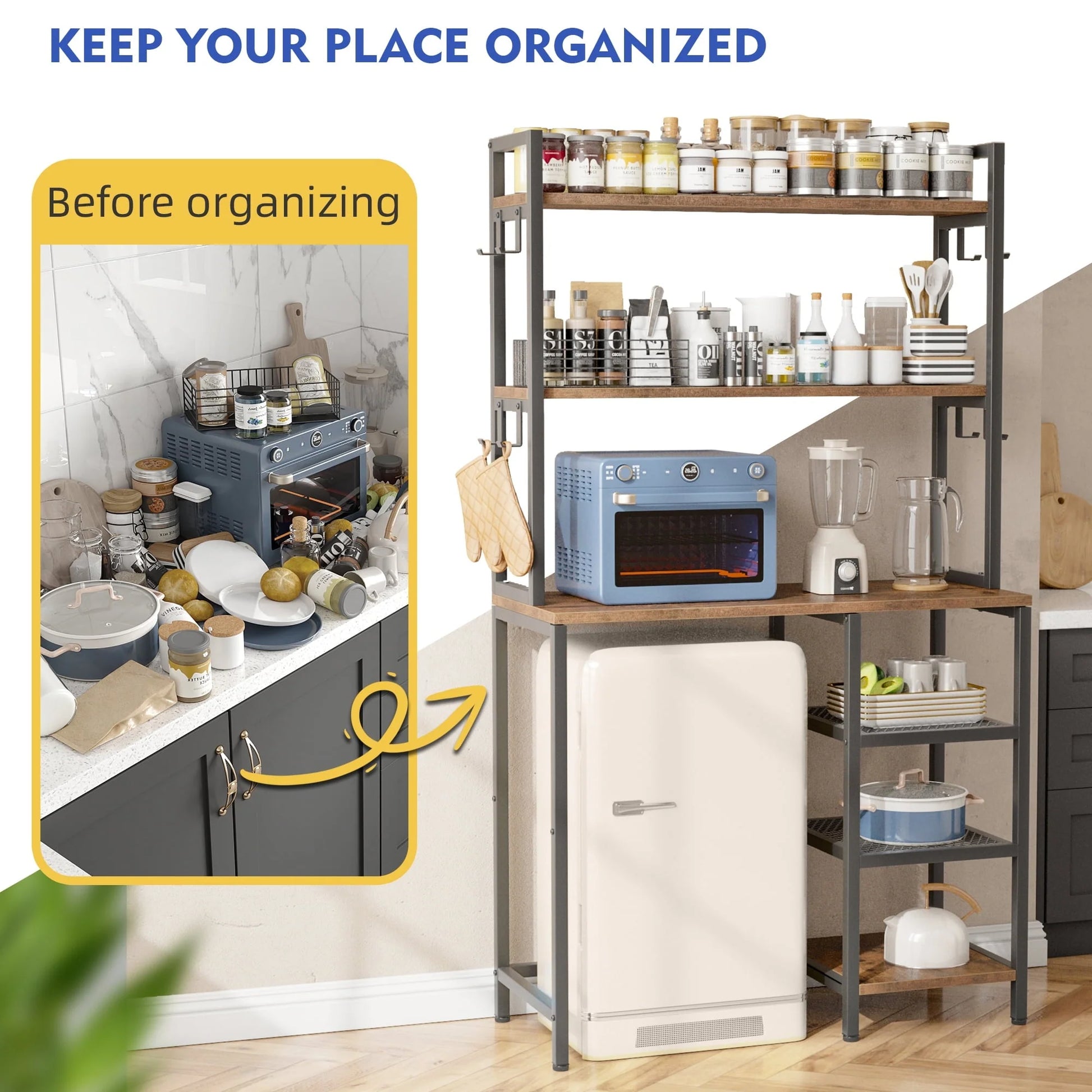 EnHomee 6 Tier Kitchen Bakers Rack Microwave Oven Stand with Storage Coffee Bar with Shelves Cabinet Hooks, 29.5" W * 13.9" D * 63" H Rustic Brown