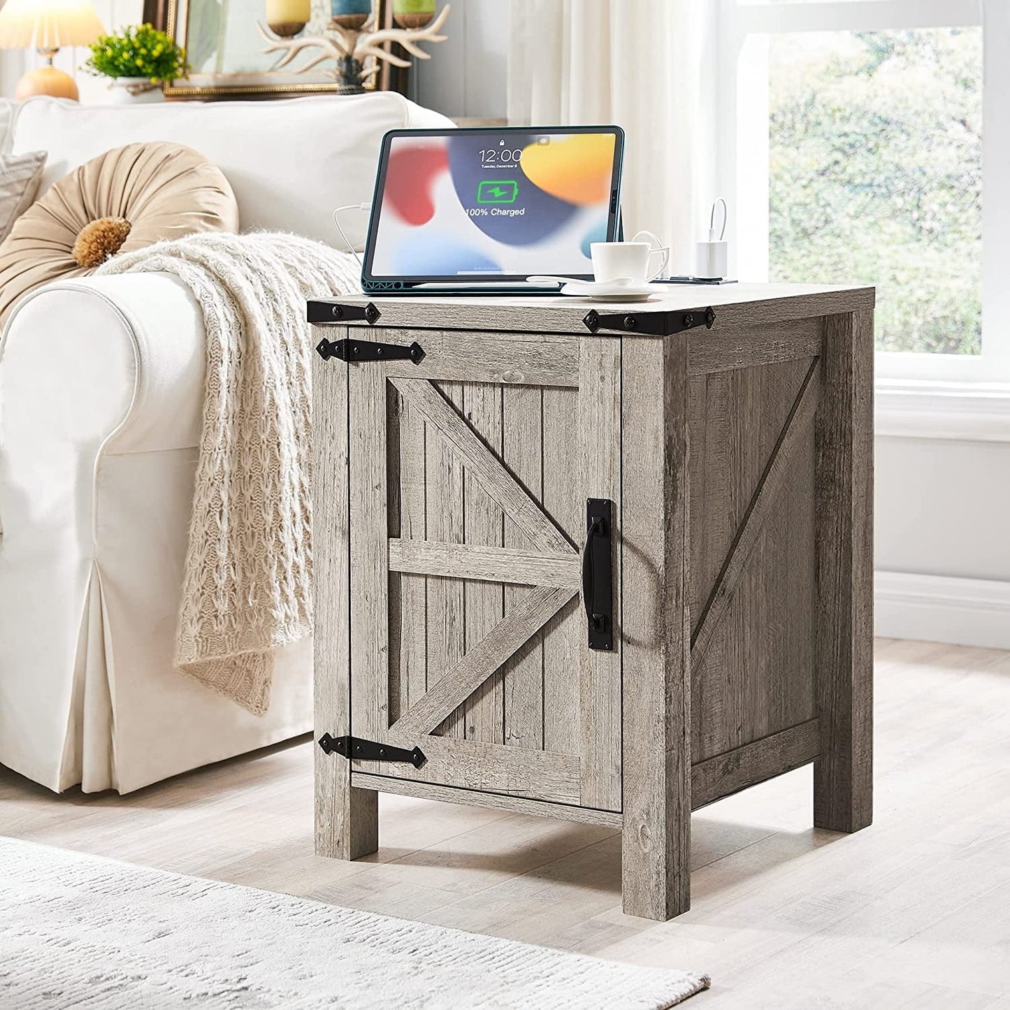 OKD Farmhouse Large Storage Square End Side Tables Wood with Barn Door and Charging Station, Light Rustic Oak
