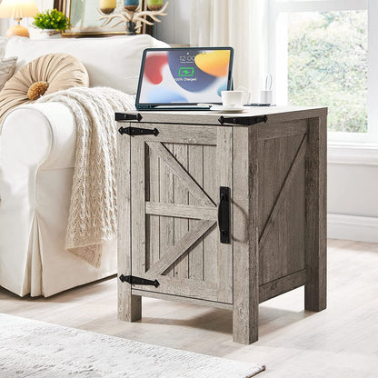OKD Farmhouse Large Storage Square End Side Tables Wood with Barn Door and Charging Station, Light Rustic Oak