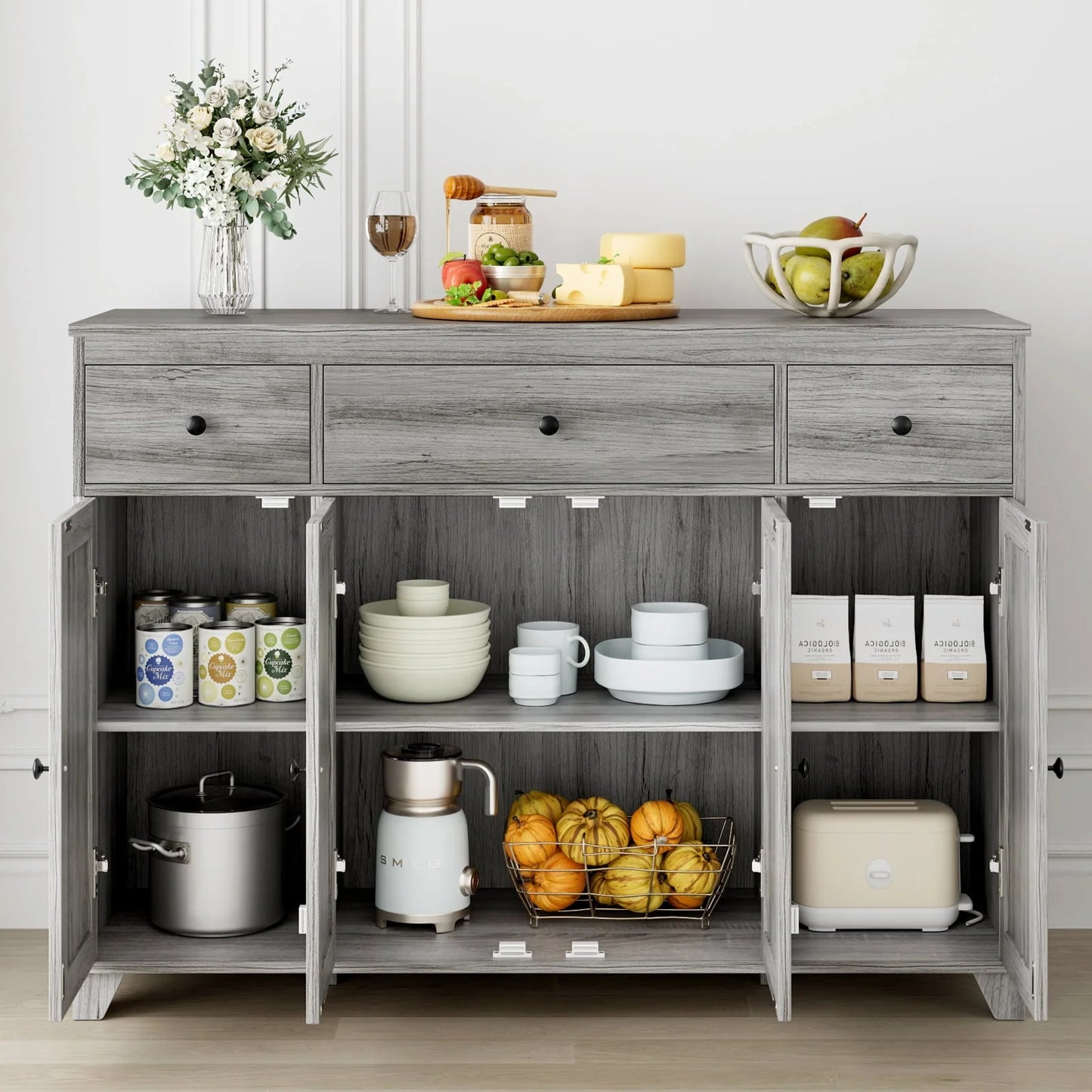 Homfa Buffet Sideboard, Wooden Storage Cabinet with Drawers & Doors, Wide Buffet Cabinet for Dining Room, Gray