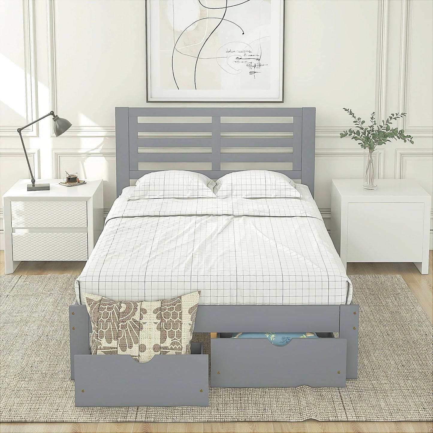 Platform Bed Frame Storage Bed with Headboard, Pine Wood Full Bed Frame for Bedroom, Modern Full Size Bed Frame with Drawers, Wood Slats Support, Holds 400 lb, No Box Spring Needed, Gray