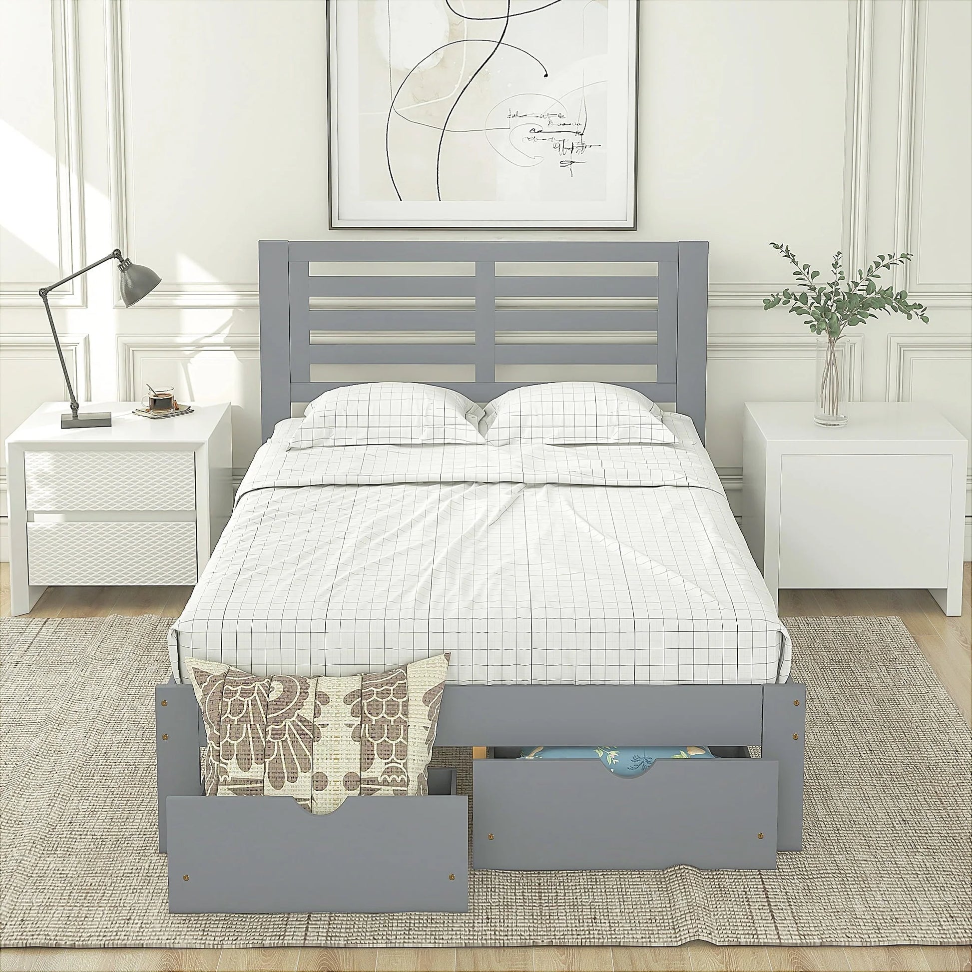 Platform Bed Frame Storage Bed with Headboard, Pine Wood Full Bed Frame for Bedroom, Modern Full Size Bed Frame with Drawers, Wood Slats Support, Holds 400 lb, No Box Spring Needed, Gray
