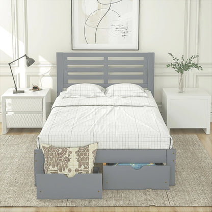 Platform Bed Frame Storage Bed with Headboard, Pine Wood Full Bed Frame for Bedroom, Modern Full Size Bed Frame with Drawers, Wood Slats Support, Holds 400 lb, No Box Spring Needed, Gray