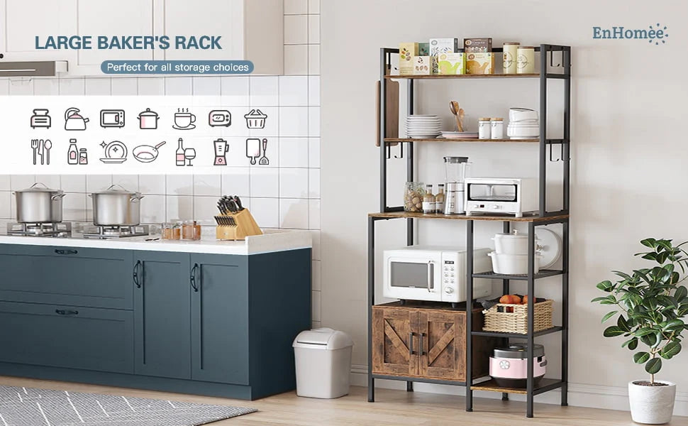 EnHomee 6 Tier Kitchen Bakers Rack Microwave Oven Stand with Storage Coffee Bar with Shelves Cabinet Hooks, 29.5" W * 13.9" D * 63" H Rustic Brown