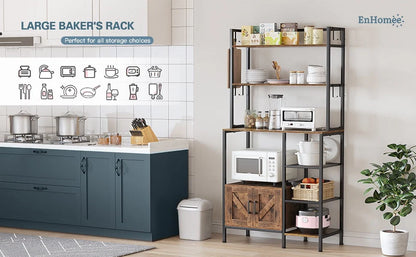 EnHomee 6 Tier Kitchen Bakers Rack Microwave Oven Stand with Storage Coffee Bar with Shelves Cabinet Hooks, 29.5" W * 13.9" D * 63" H Rustic Brown
