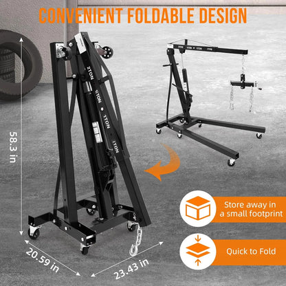 Mescukay 2 Ton Engine Hoist with Lever, 4000 lbs Heavy Duty Folding Cherry Picker Engine Lift Hydraulic Tilting Engine Shop Crane with 6 Iron Caster Wheels Telescopic Boom Hitch