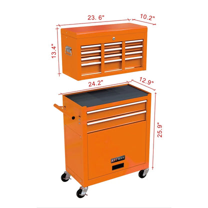 8-Drawer Rolling Tool Chest with Wheels, Removable Tool Box with Locking System, Tool Box Organizer with Hooks, Large Capacity Garage Storage Cabinet for Warehouse, Garage, Repair Shop, Orange