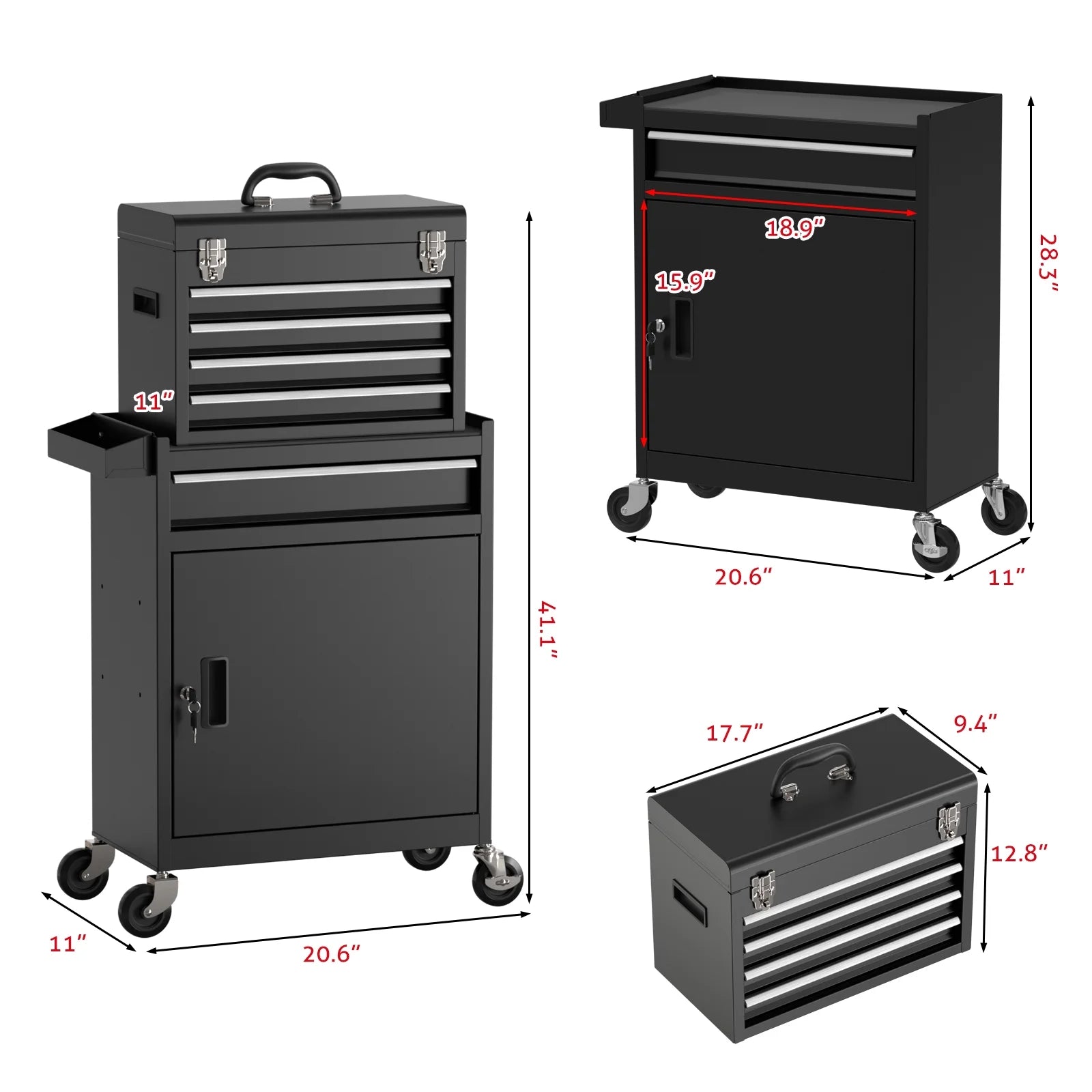 Odaof Tool Storage Cabinet Tool Chest with 4 Wheels and 5 Drawers,Large Capacity Removable Toolbox with Lock for Garage and Warehouse(Black)