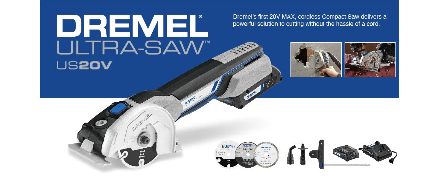 Dremel US20V-01 - 20V Max Cordless Ultra-Saw 1 Battery Tool Kit, (3) Cutting Wheels & Storage Bag, Ideal for Flush Cutting, Plunge Cutting and Surface Preparation