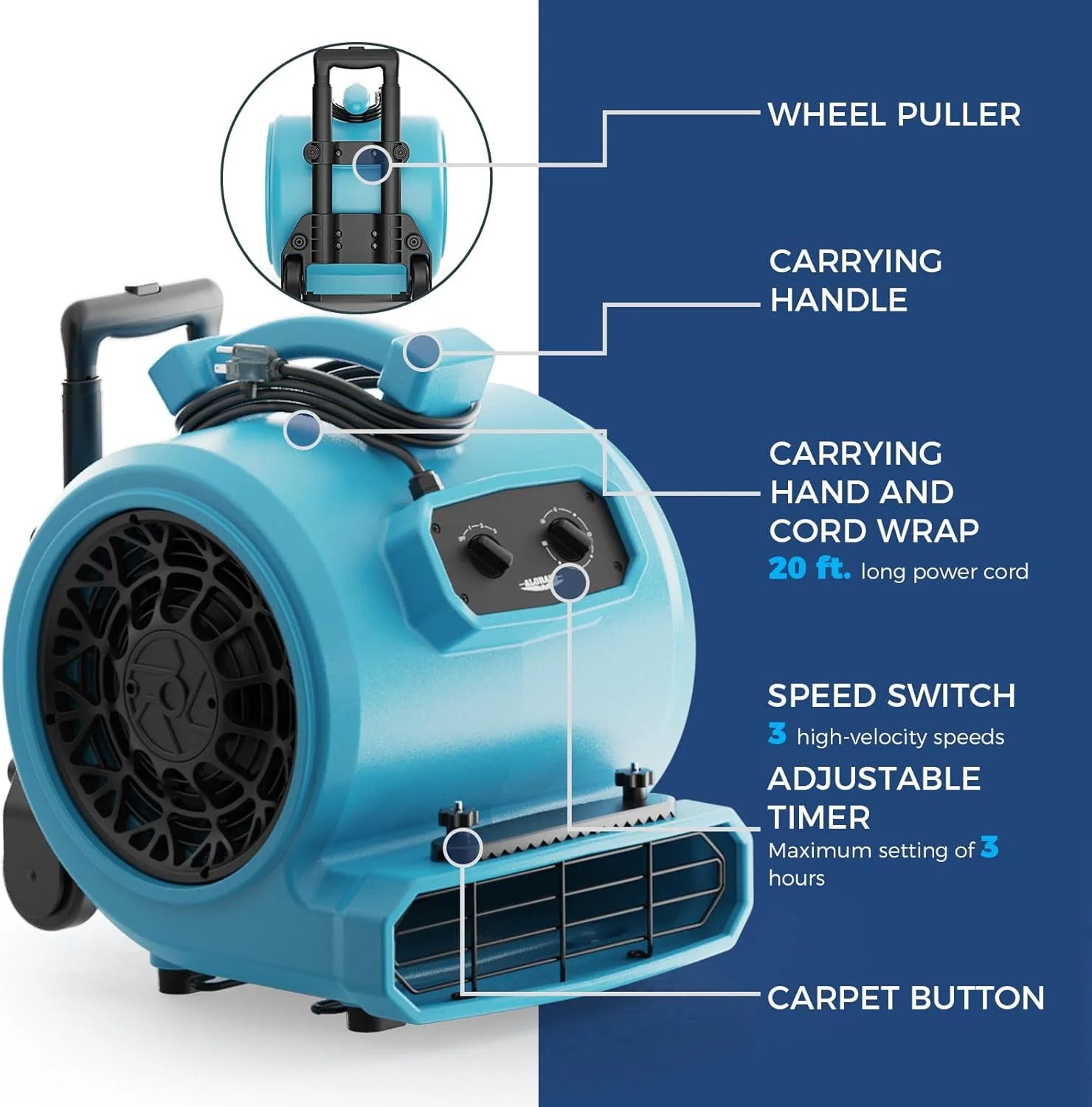 ALORAIR 4000 CFM Air Mover Blower Fan for Industrial, Floor Drying Fan, Carpet Dryer - Timer, Handle Wheelkit, Carpet Buckles, Stackable, for Water Damage Restoration and Plumbing - GE4000HTC
