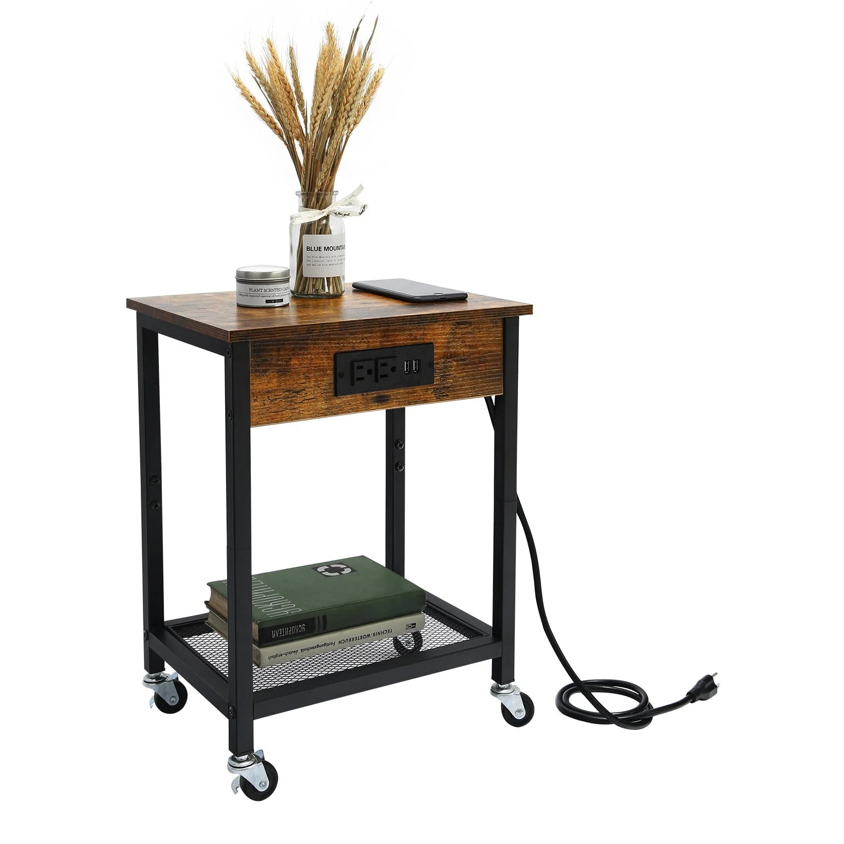 TC-HOMENY End Table with Charging Station & USB Ports, Side Table with Wheels & Storage Shelf Nightstand for Living Room Bedroom, Brown,Wood