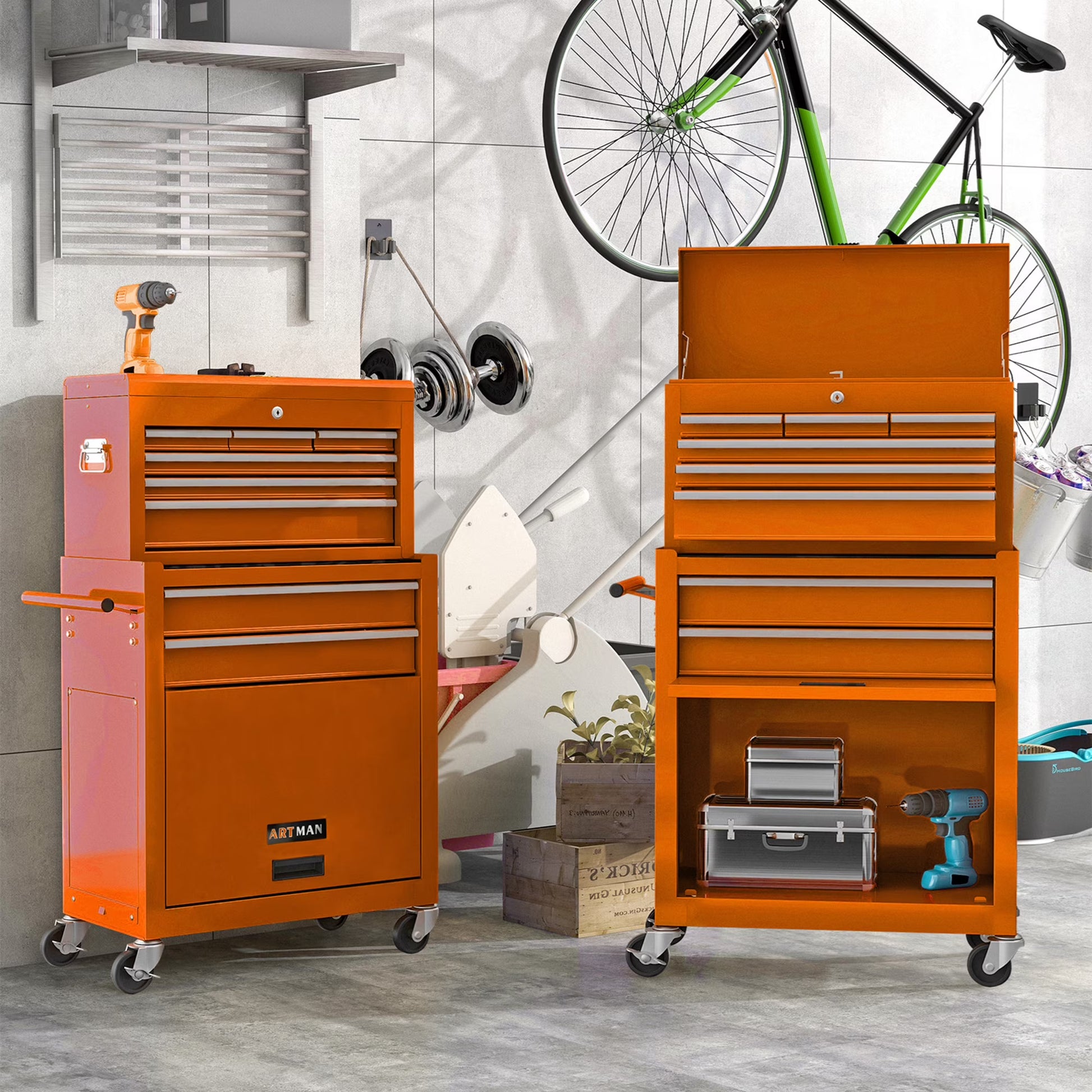 Aukfa Tool Box, 2 in 1 Steel Rolling Tool Chest & Cabinet on Wheels for Garage, 8-Drawers, Blue