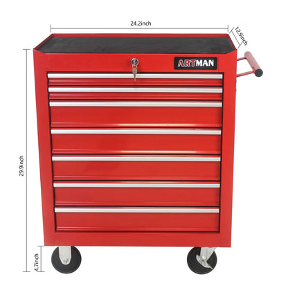 7-Drawer Metal Rolling Tool Chest with Wheels, Tool Storage Cabinet with Locking System, Toolbox with Wheels for Garage, Warehouse, Workshop, Repair Shop, Red