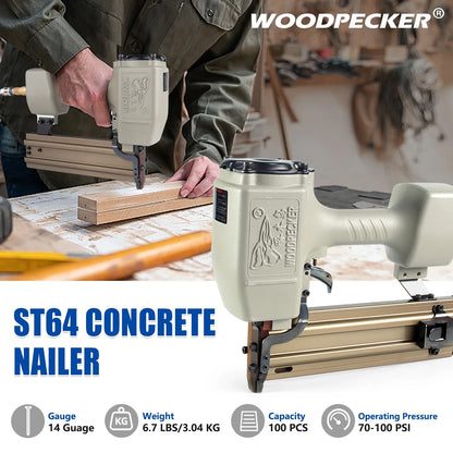 WOODPECKER ST64 Pneumatic Concrete T Nailer, 14 Gauge 3/4" to 1-1/2" Heavy Duty Air Concrete Nail Gun for hardwood nailing, Masonry, Cement, Concrete Brick Nailing