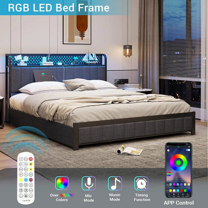Tiptiper Queen Bed Frame with Storage Headboard, LED Bed Frame with Drawers, Upholstered Metal Platform Bed with USB Ports and Charging Outlets, No Squeak, Vertical Channel Tufting, Dark Gray
